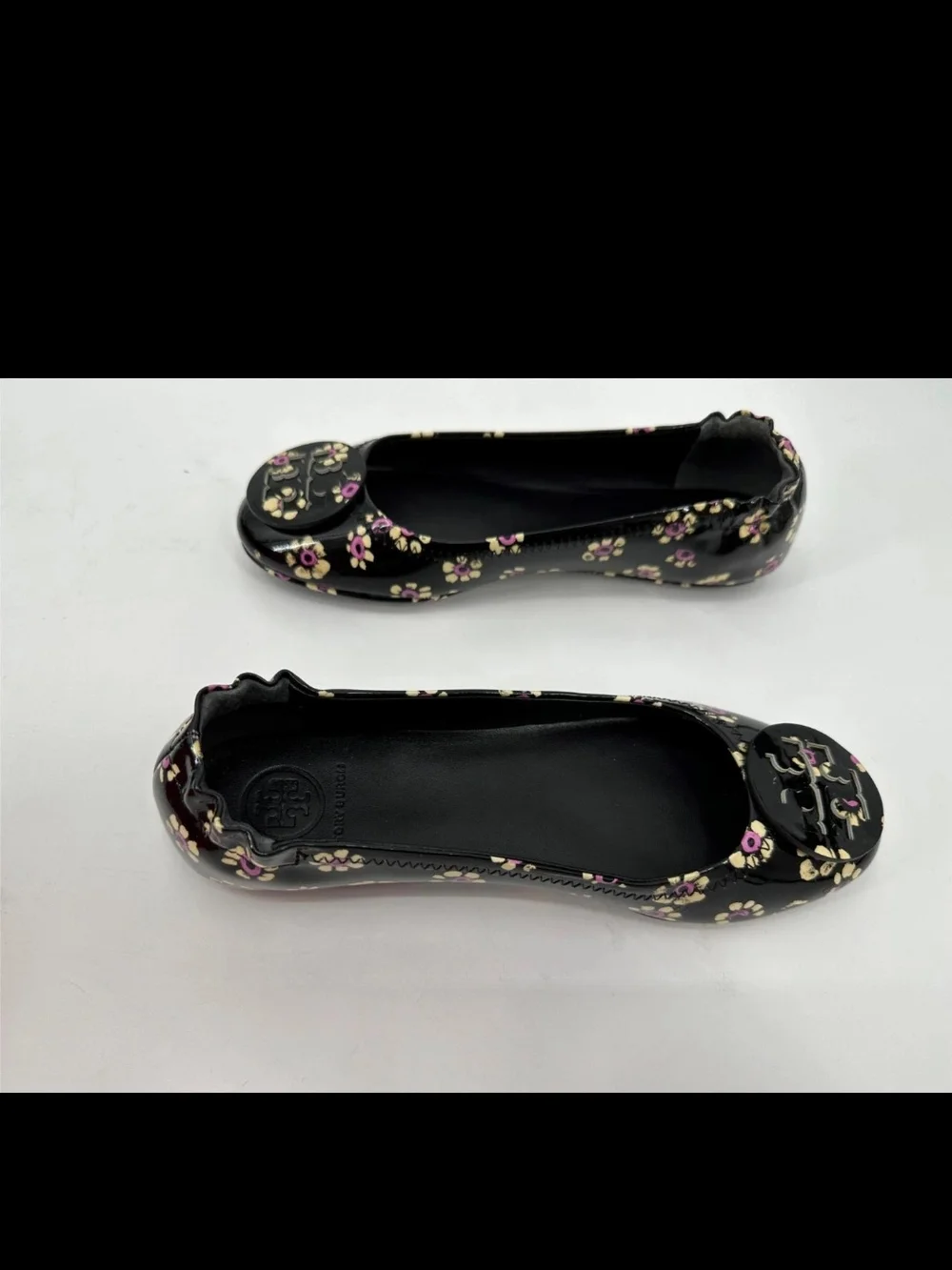 Tory Burch Black Patent Floral Ballet Flat with Logo Medallion